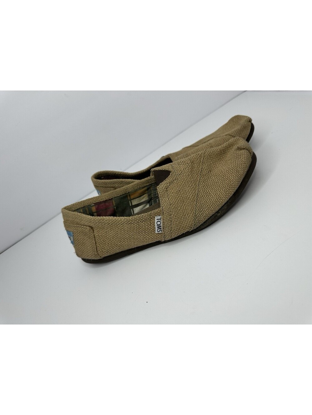 TOMS Womens Tan Burlap Canvas Alpargata Slip On Shoes Plaid Lined Size 9